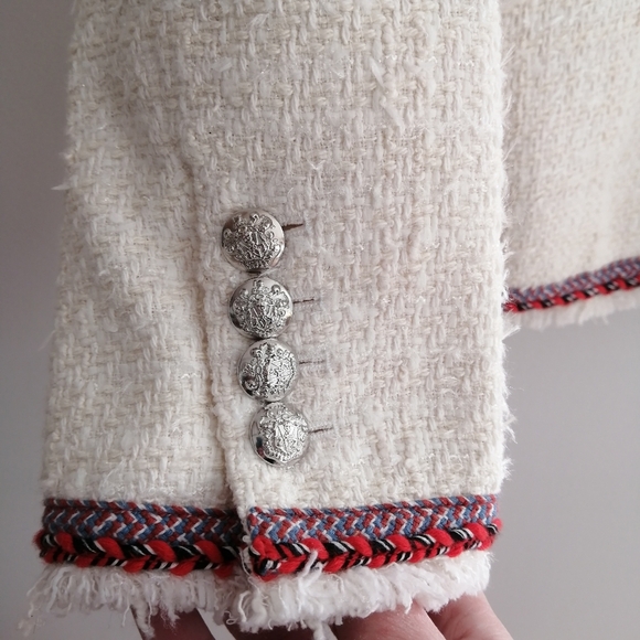 Veronica Beard Raw Edge Cutaway White Tweed Dickey Blazer with Red Trim 0 - Picture 10 of 17